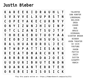 Word Search on Justin Bieber