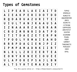 Word Search on Types of Gemstones