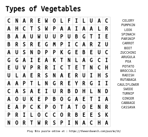 Word Search on Types of Vegetables