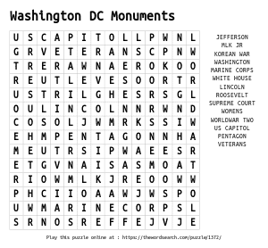 Word Search on Washington DC Monuments