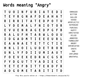 Word Search on Words meaning "Angry"