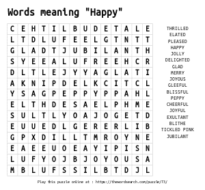 Word Search on Words meaning "Happy"